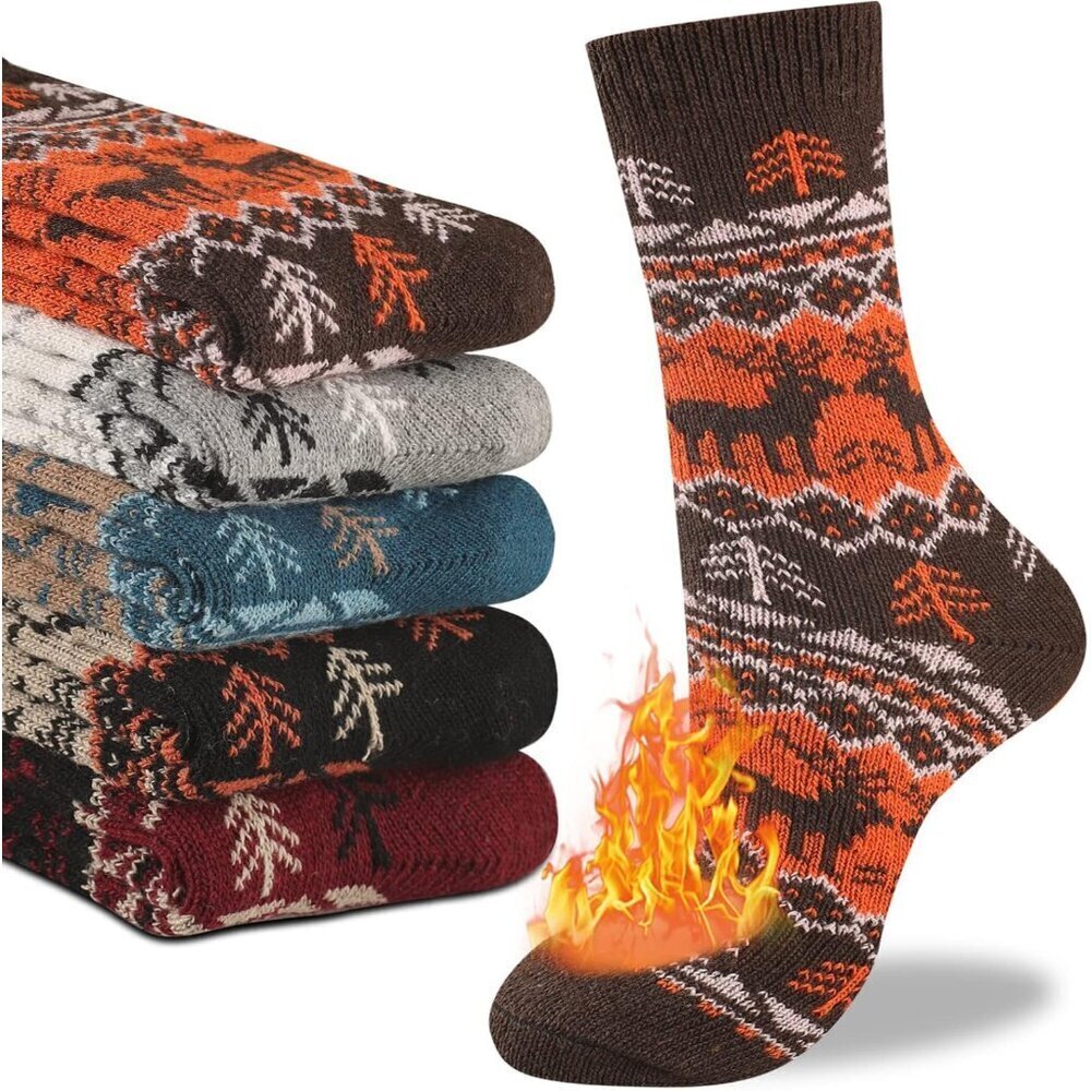 Mens Warm Wool Socks Thermal Winter Thick Crew Pattern Socks Cold Weather 5 Pair